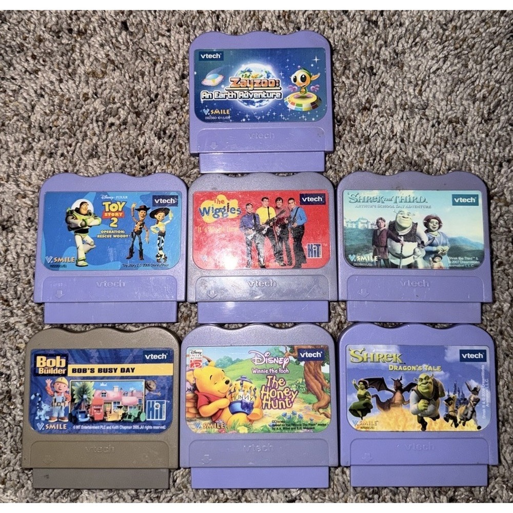 7 Vintage V Tech V Smile Games Lot Toy Story, The Wiggles, Pooh &‎ More